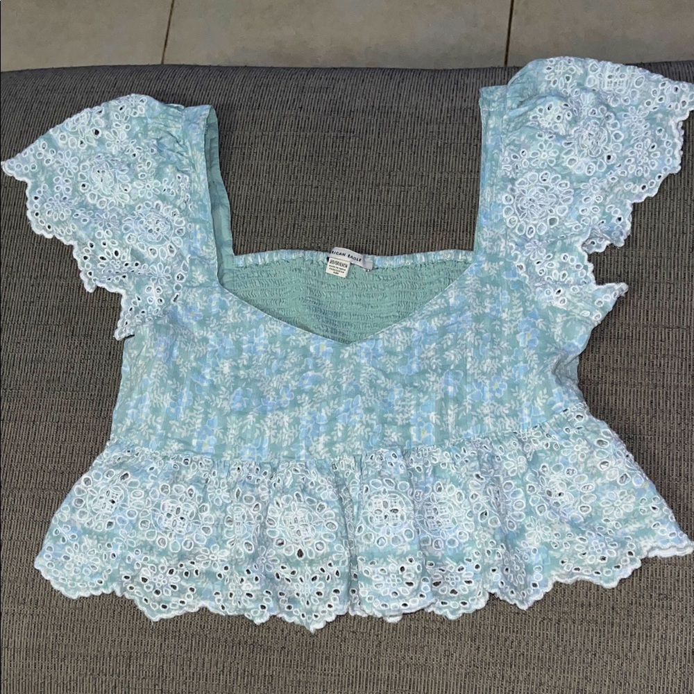 American Eagle Outfitters Light Blue Eyelet Blouse